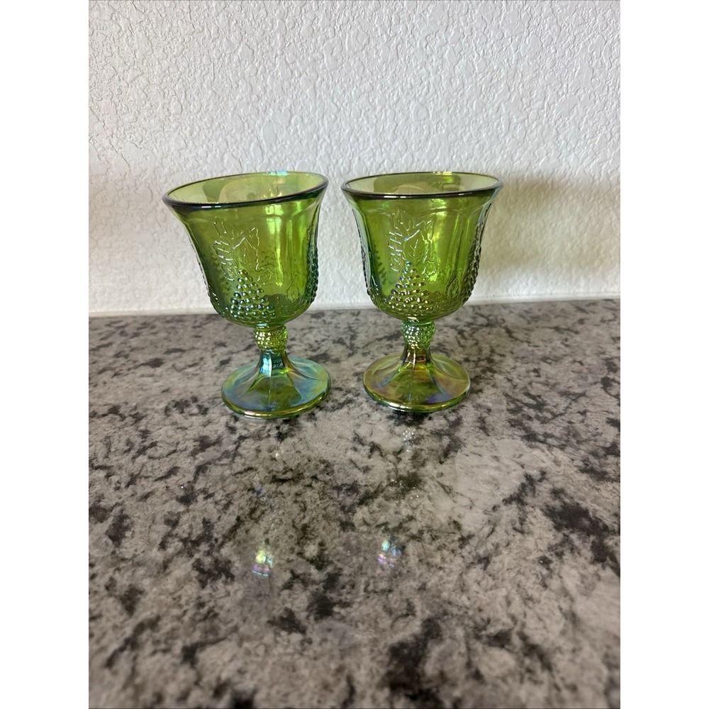 Vtg Indiana Green Iridescent Carnival Glass Harvest Leaf Grape Embossed Goblets